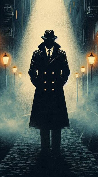 the noir detective streams through the fog he's back lit by over head lights obscuring his face but he walks with confidence out on the beat solving crime