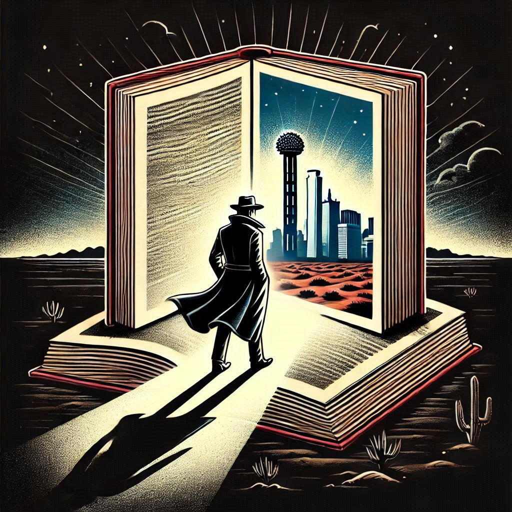 a noir detective walks into an open story book the background black with the only light coming from inside the pages of the book the dallas city skyline is on the page that the detective walks towards