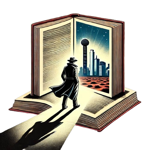 a noir detective walks into an open story book the background black with the only light coming from inside the pages of the book the dallas city skyline is on the page that the detective walks towards